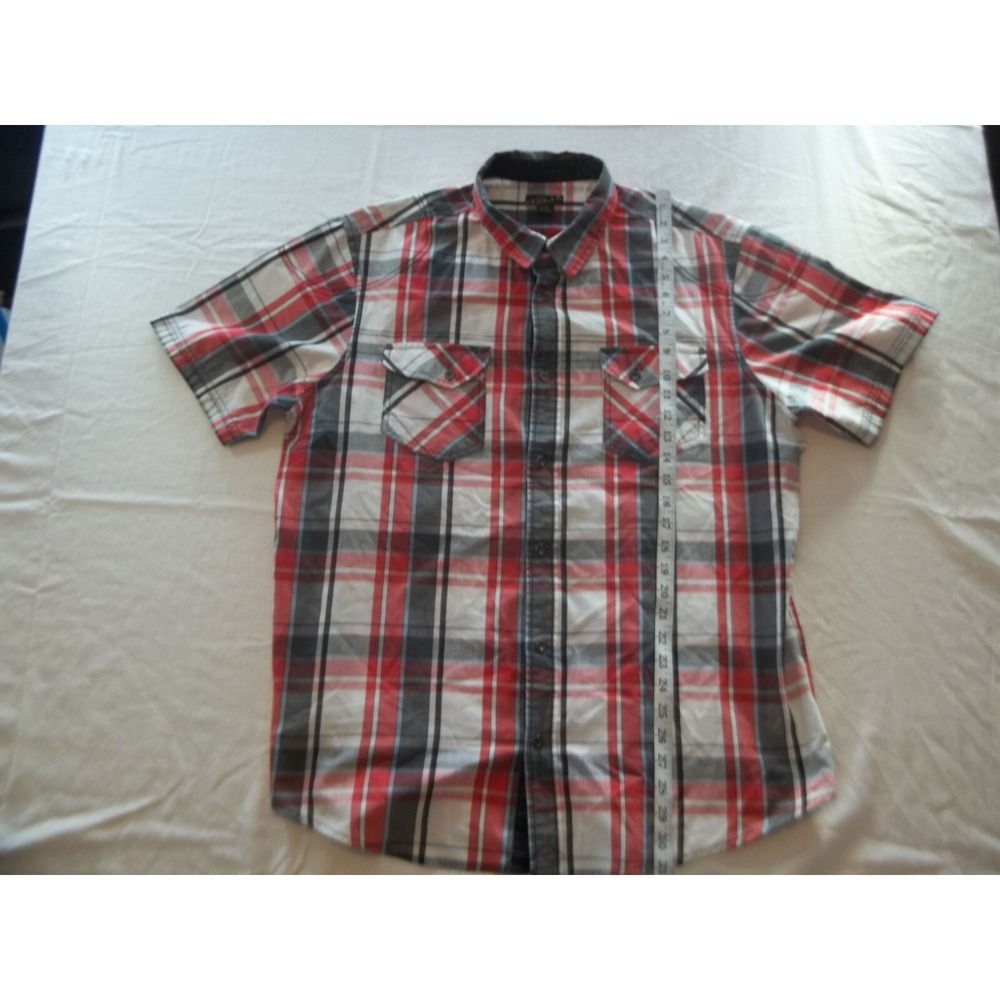 Helix Shirt Men XXL Red Gray White Plaid Short Sleeve Button Up Casual Pocket